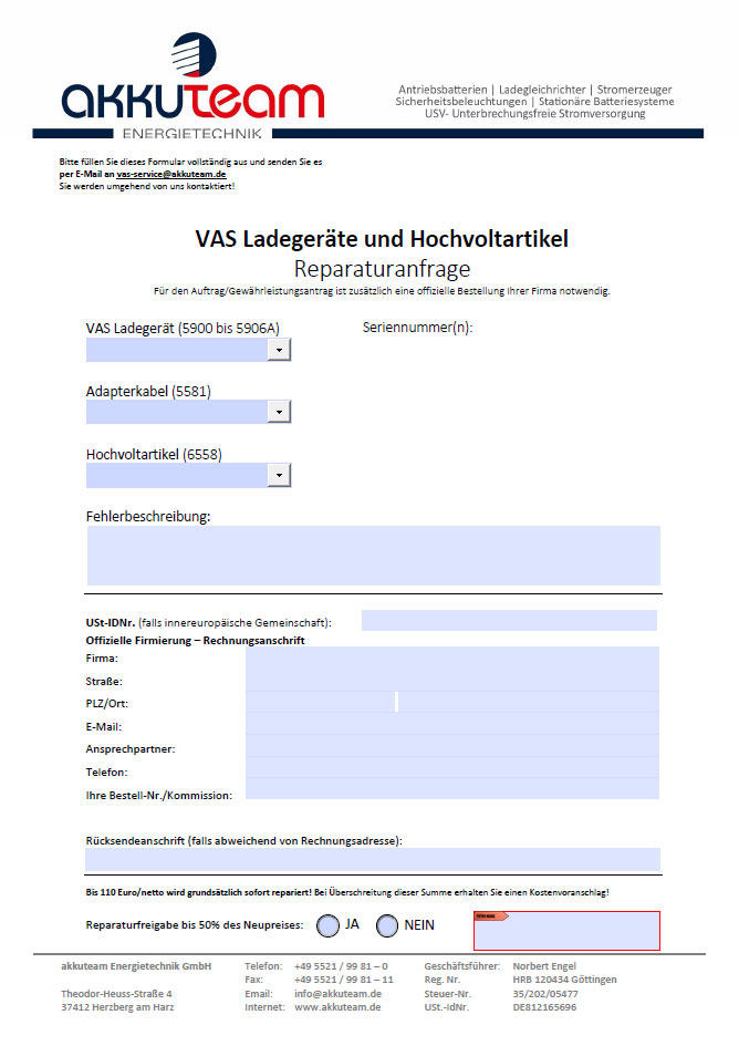 Das Bild eines Formulars zur Reparatur von VAS Ladegeräten und Hochvoltartikeln